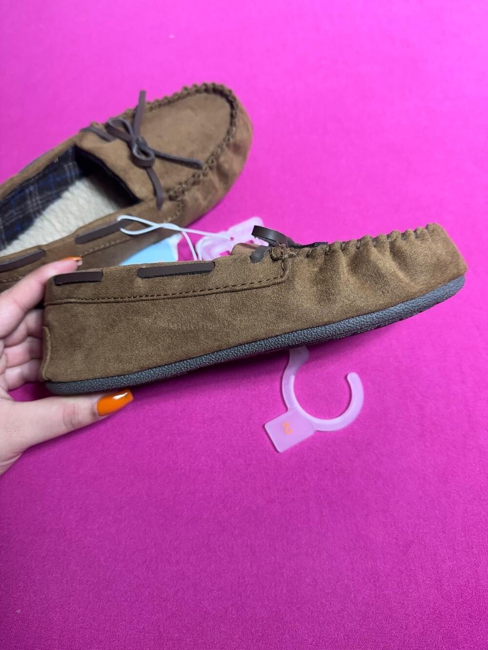 Cat & Jack Moccasin Slippers – Brown Suede Faux Fur Lined Size 2